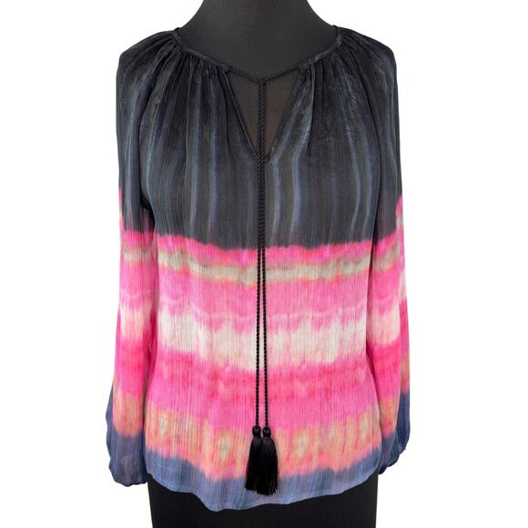 MARIE OLIVER Black Gray Pink Ombre Blouse Silk Tie Dye Split Neck Tassel Small S - Picture 1 of 7